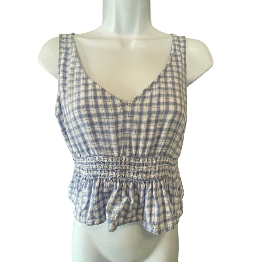 Hollister Womens Y2K Babydoll Gingham Cottage Smocked Peplum Tank Preppy‎   M